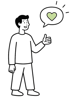 Person smiling and giving a thumbs-up with a speech bubble containing a green heart.