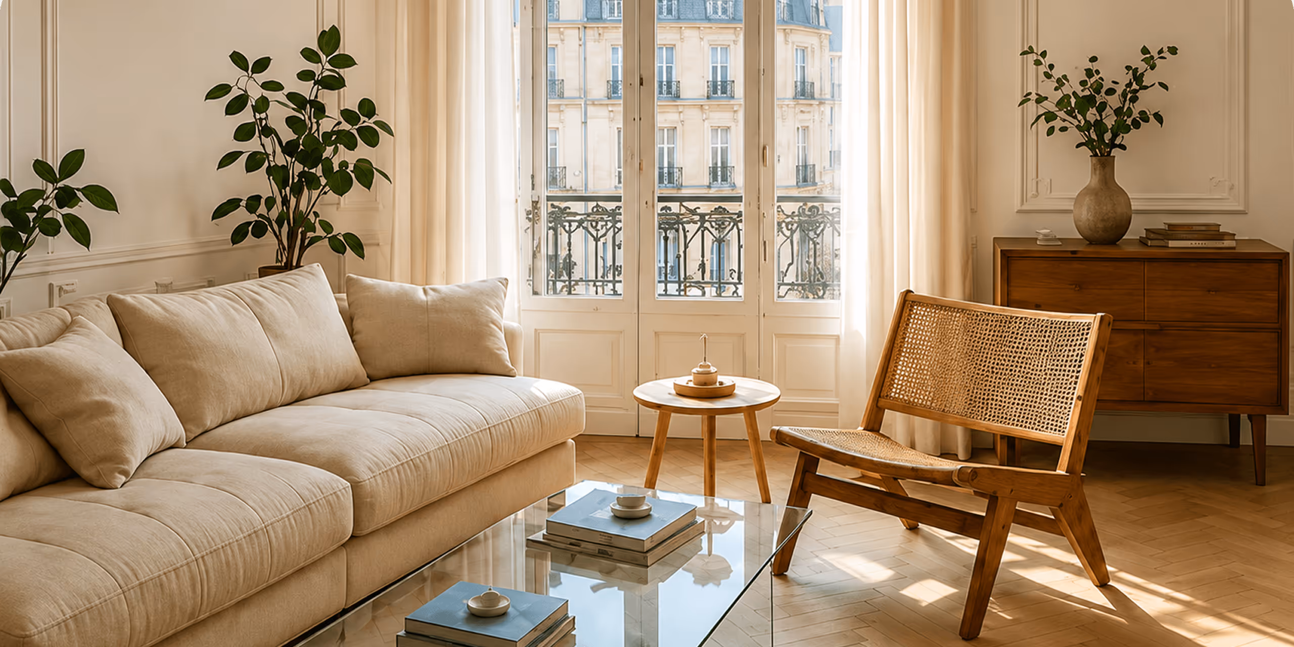 Salon lumineux avec canapé beige, fauteuil en bois, table en verre et plantes près d'une grande fenêtre.