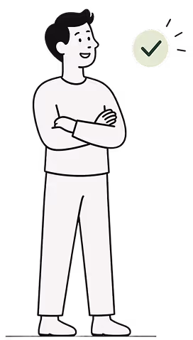 Illustration of a man with arms crossed smiling next to a green checkmark in speech bubble.