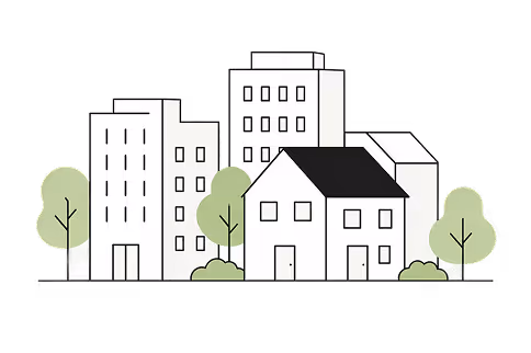 Illustration de bâtiments résidentiels et d’arbres verts dans un quartier urbain.