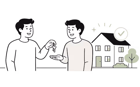 Une personne remet les clés d'une maison à une autre, maison avec horloge et arbre en arrière-plan.