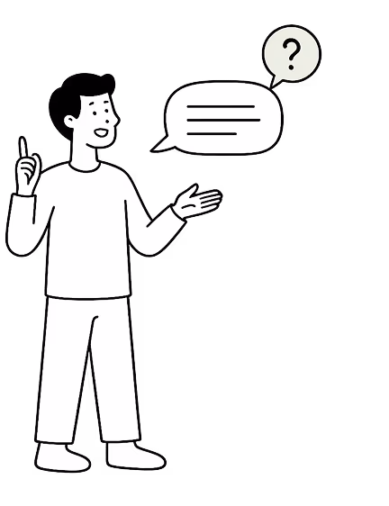 Personne expliquant avec une bulle de dialogue et un point d'interrogation.