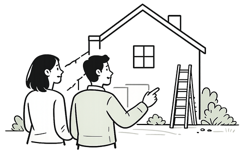 Un couple regarde une maison avec une échelle appuyée sur le mur, planifiant des rénovations.