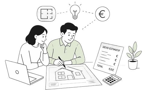 Un homme et une femme planifient une rénovation avec plans de maison, calculatrice et ordinateur portable.