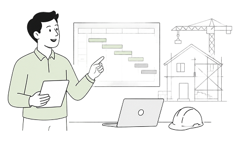 Person presenting a construction plan with a house model, crane, laptop, and hard hat on table.