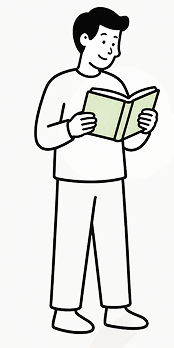 Dessin d'un homme souriant lisant un livre vert.