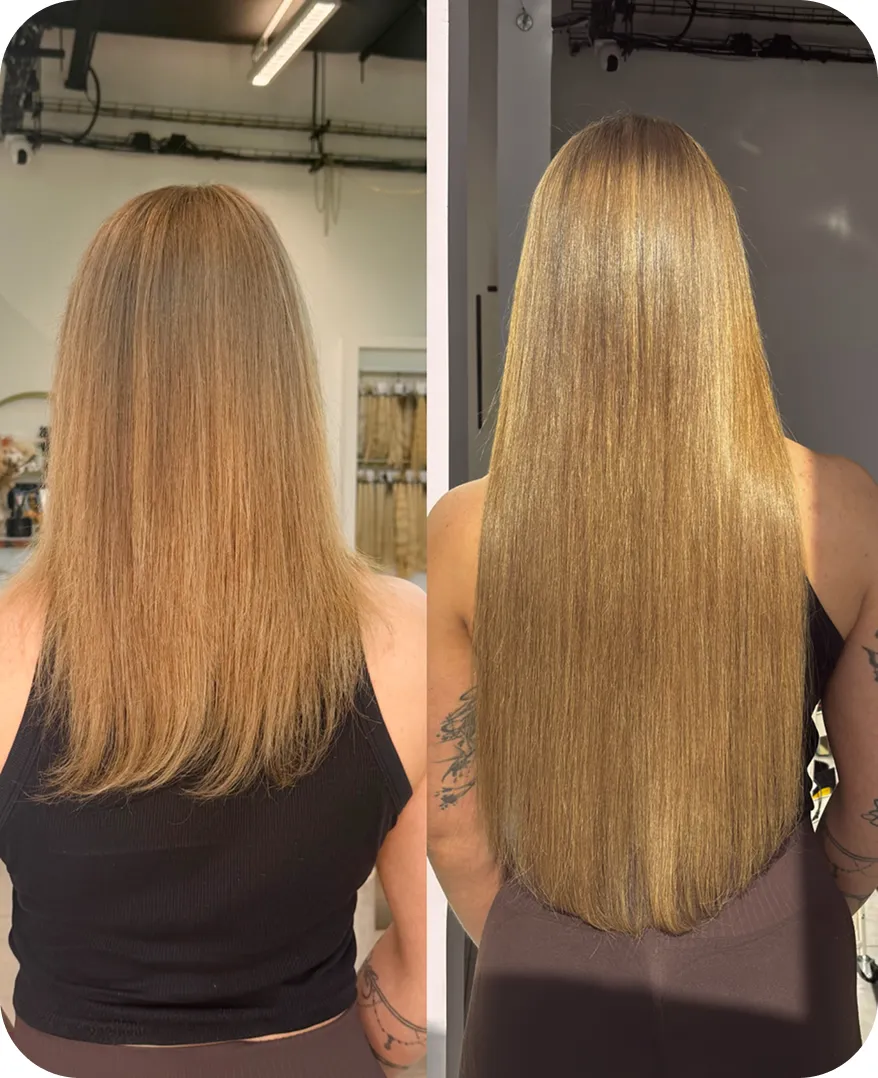 Klientka przed i po przedłużaniu włosów w salonie Slovianka: ciemnoblond włosy, zwiększenie długości