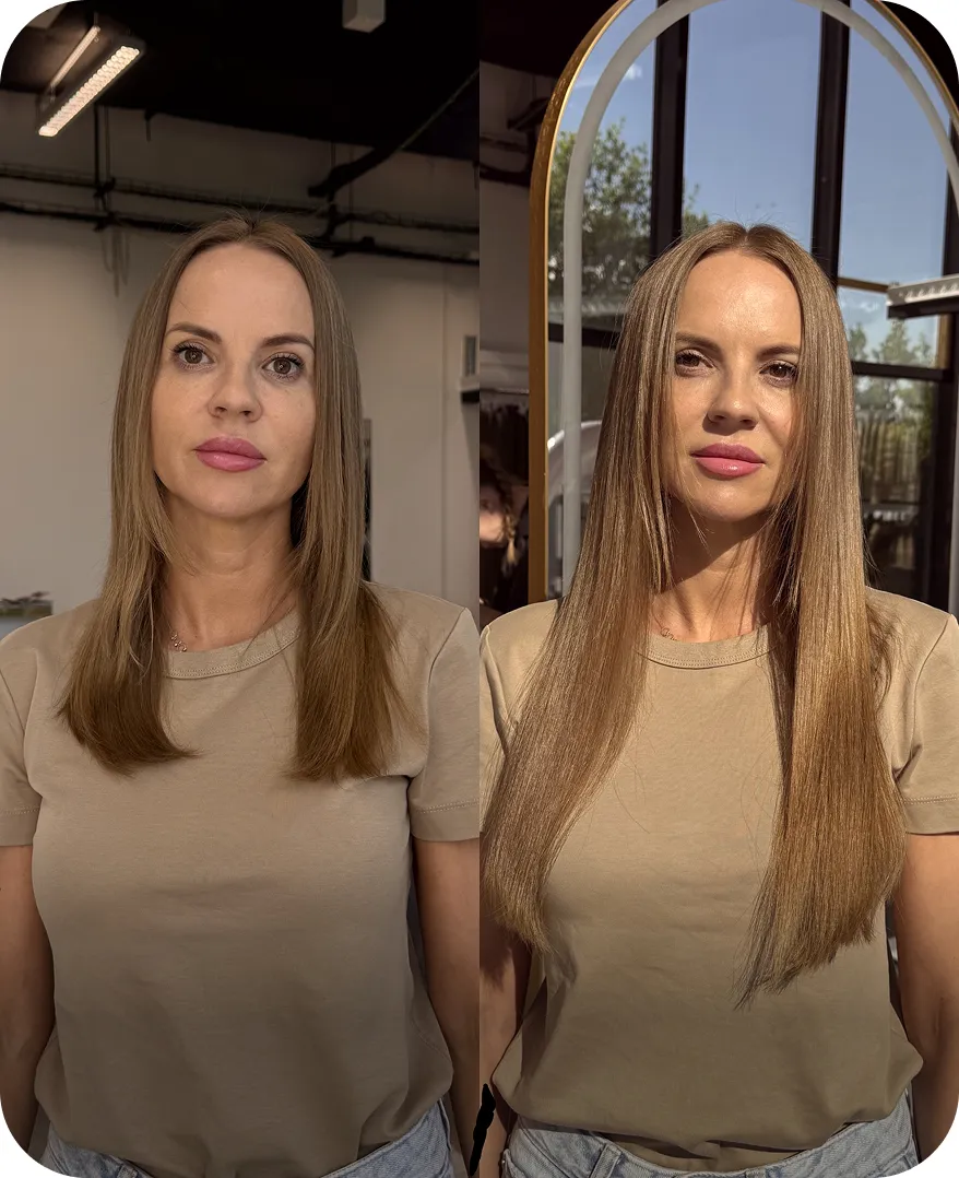 Klientka przed i po przedłużaniu włosów w salonie Slovianka: ciemnoblond włosy, zwiększenie długości