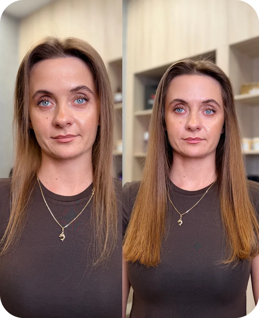 Klientka przed i po przedłużaniu włosów w salonie Slovianka: ciemnoblond włosy, zwiększenie długości