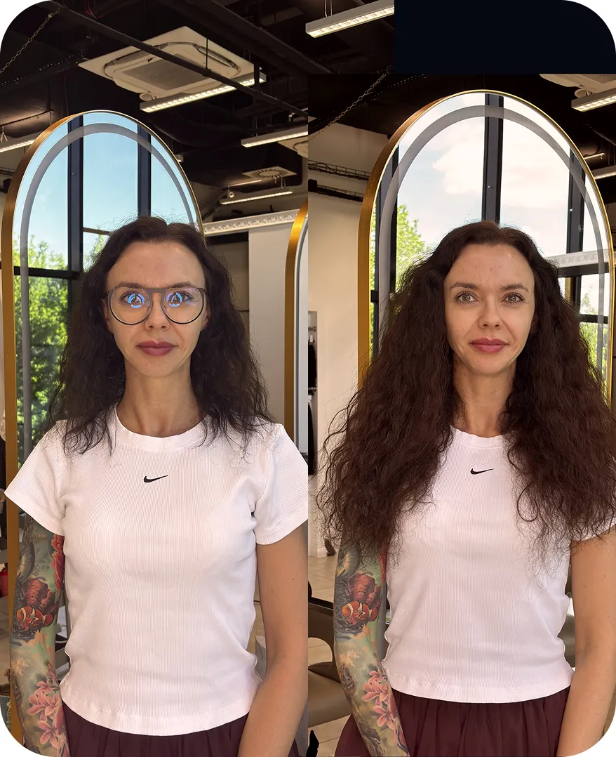 Klientka przed i po przedłużaniu włosów w salonie Slovianka: kręcone ciemne włosy, wygładzenie i objętość