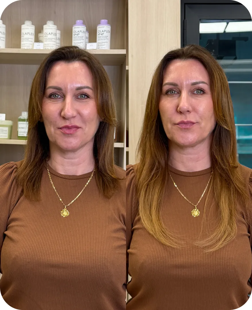 Klientka przed i po przedłużaniu włosów w salonie Slovianka: ciemnoblond włosy z rozjaśnionymi końcówkami