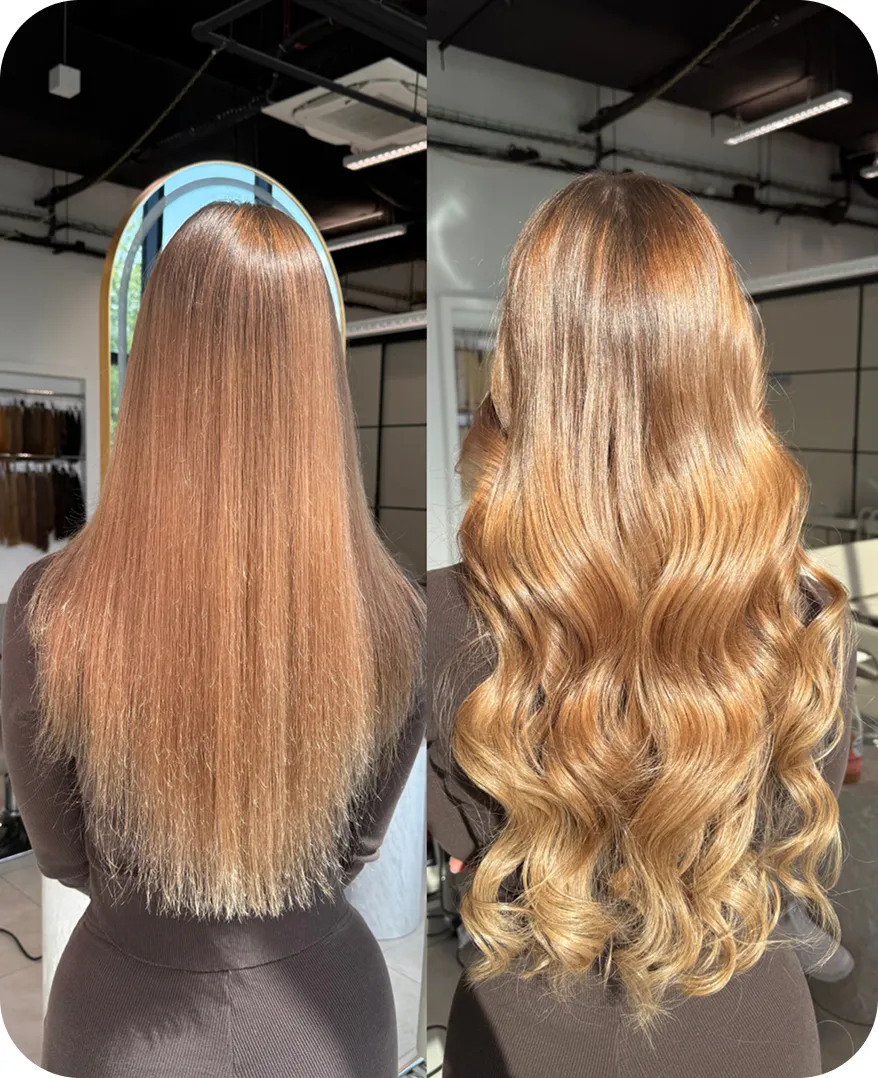 Klientka przed i po przedłużaniu włosów w salonie Slovianka: ciemnoblond włosy przekształcone w karmelowe loki