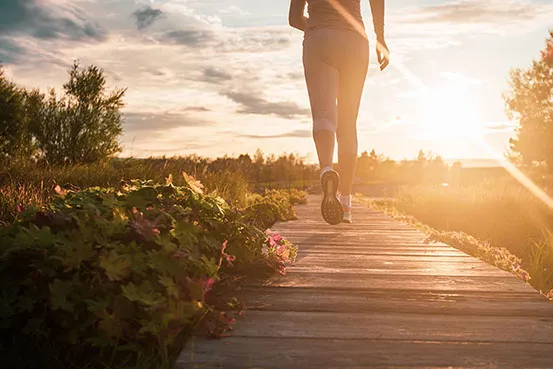 Person walking on a wooden path outdoors at sunset with sunlight illuminating the scene and greenery on the sides.