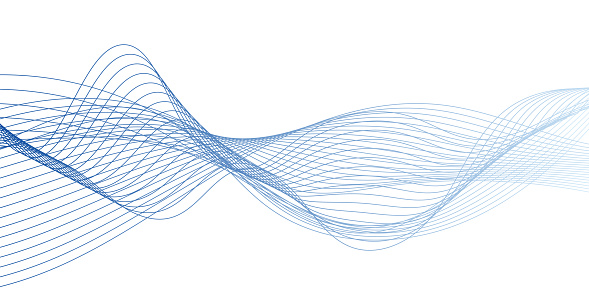 Abstract blue wave pattern composed of intersecting curved lines on a white background.