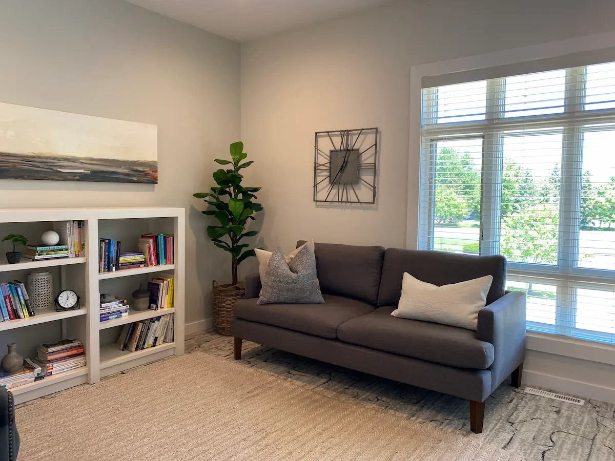 Modern living room with a gray sofa with two pillows in front of large window with blinds, a white bookshelf filled with books and decor on the left, a tall green plant in a woven basket in the corner, a large wall clock, and a neutral-toned abstract painting on the wall.