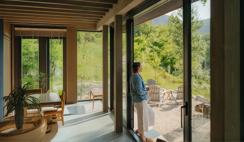 Woman in casual clothes standing inside a modern house near a large glass sliding door, looking outside at a green garden with Adirondack chairs on a gravel patio.