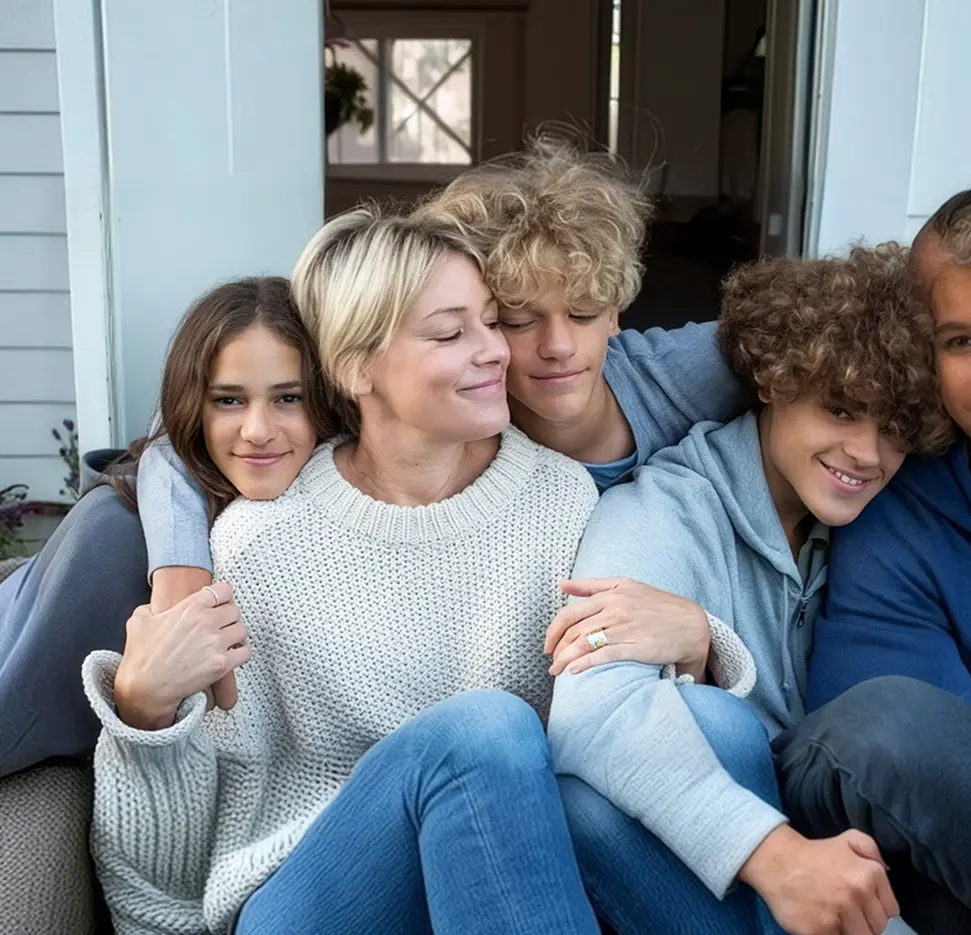 Smiling woman in a white knitted sweater sitting closely with three teenagers on a couch, all appearing happy and affectionate.