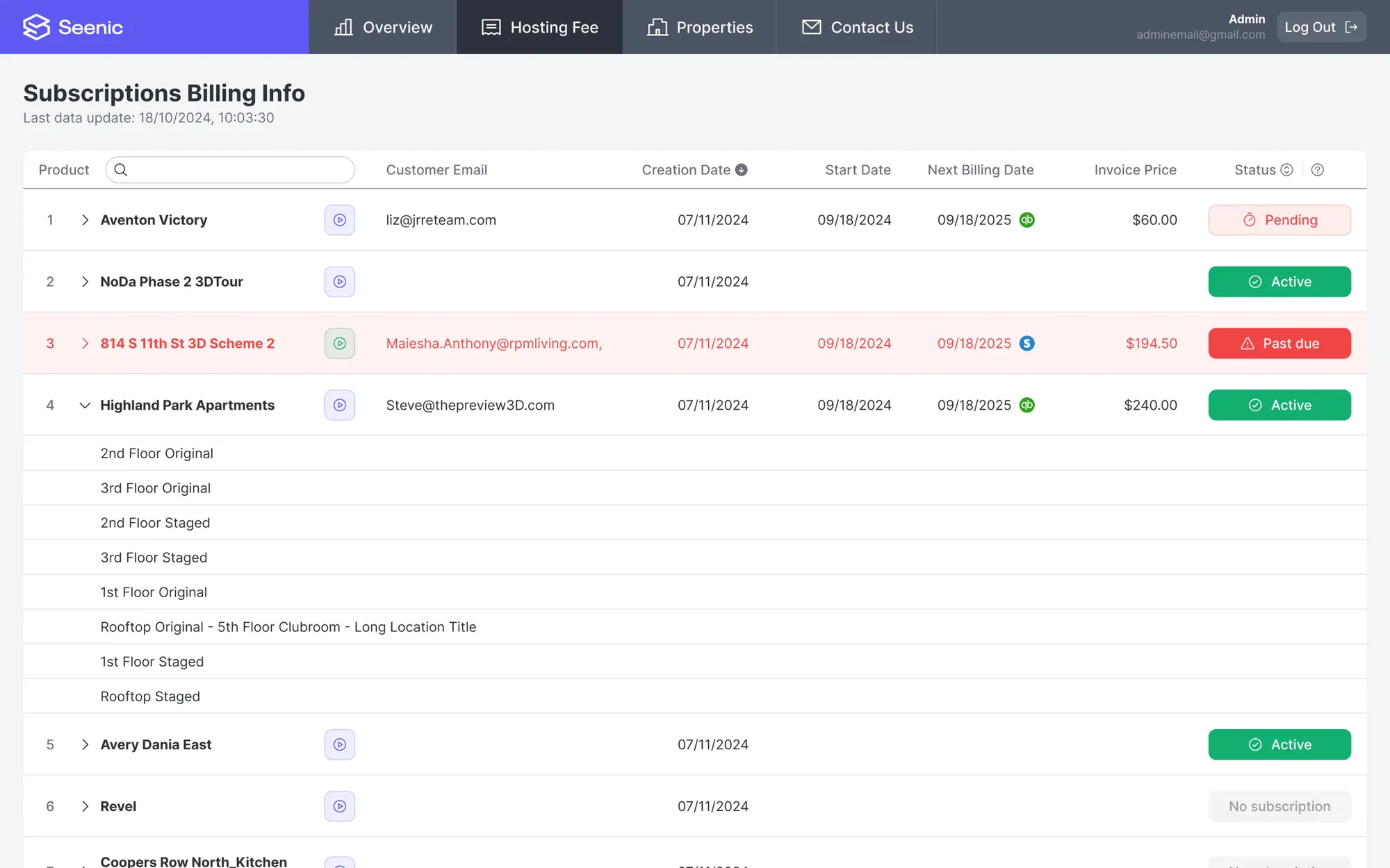 Subscriptions billing info — hosting status overview