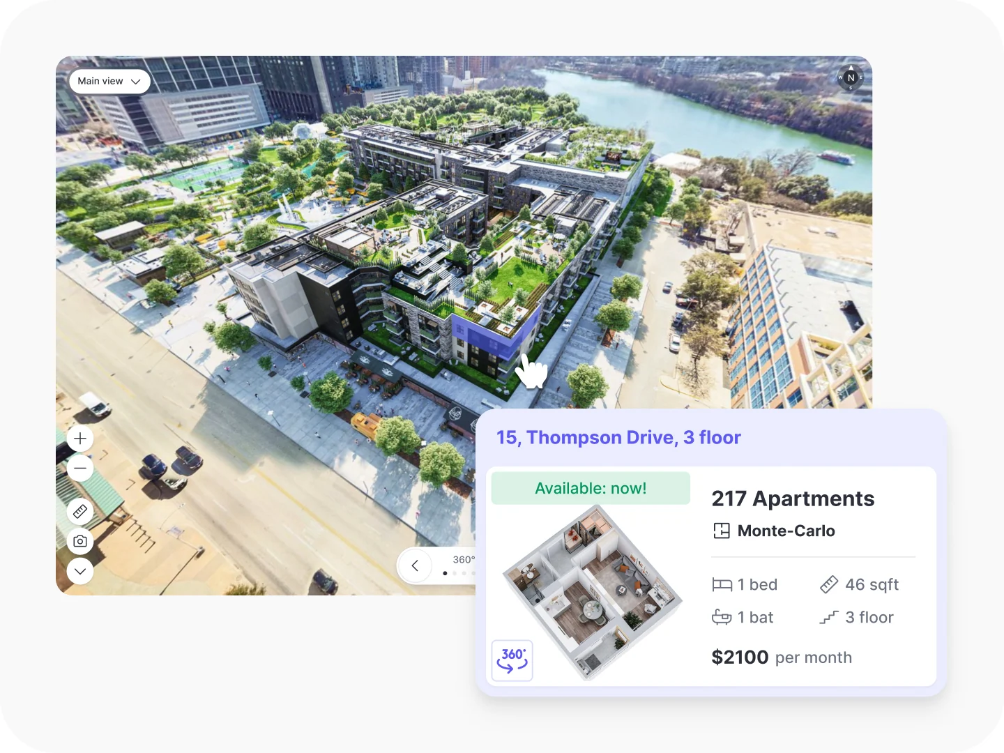 Seenic media layer — building with an Apartment card overlay