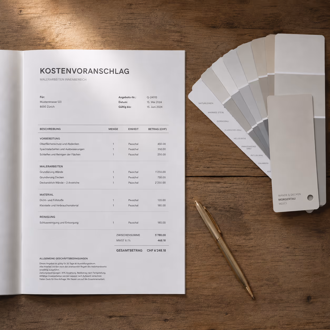 Kostenvoranschlag für Malerarbeiten mit Farbfächern und Kugelschreiber auf Holztisch.