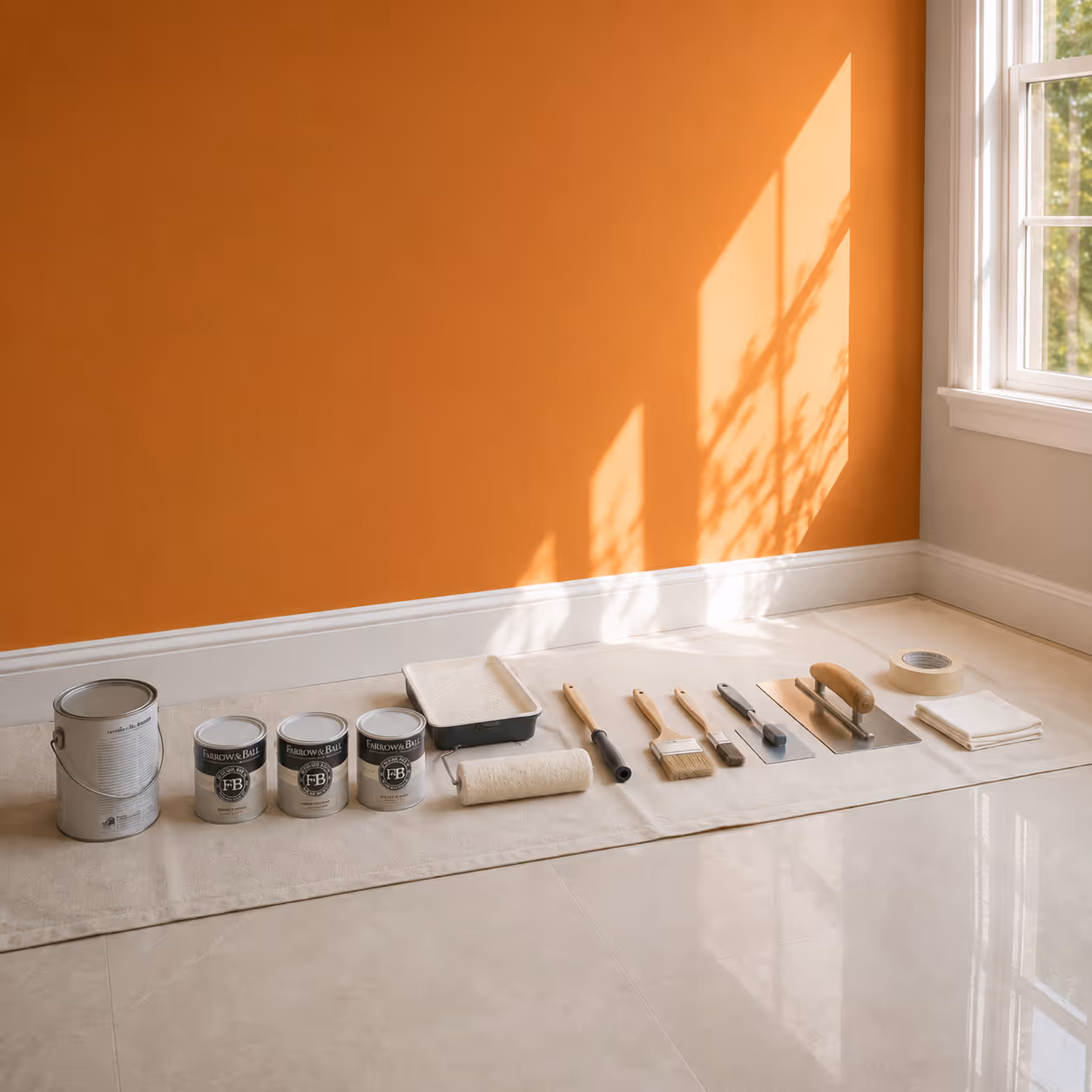 Renovierungswerkzeug und Farbdosen vor einer orangefarbenen Wand und einem Fenster.