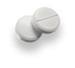 Two white round tablets with a scored line on a white background.