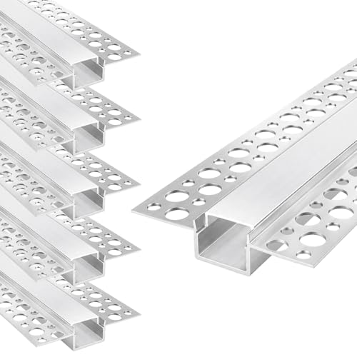 HOSITARK Plaster-in Double Edge Recessed LED Aluminum Channel 6 Pack, 3.3FT/1M Trimless LED Strip Diffuser Profile with Milky Cover for Drywall Ceiling and Wall, Fits up to 12mm LED Strips