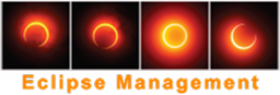 Eclipse Management logo featuring four phases of a solar eclipse in shades of orange and red on a black background.