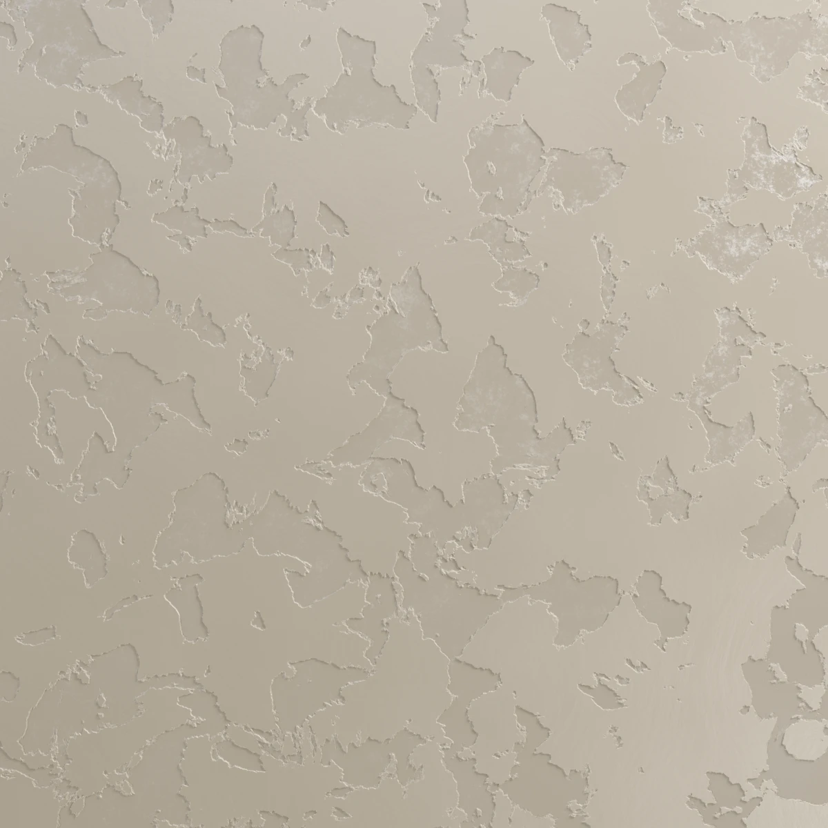 De muur is bekleed met decoratief materiaal dat doet denken aan boomschors. Het is beige.