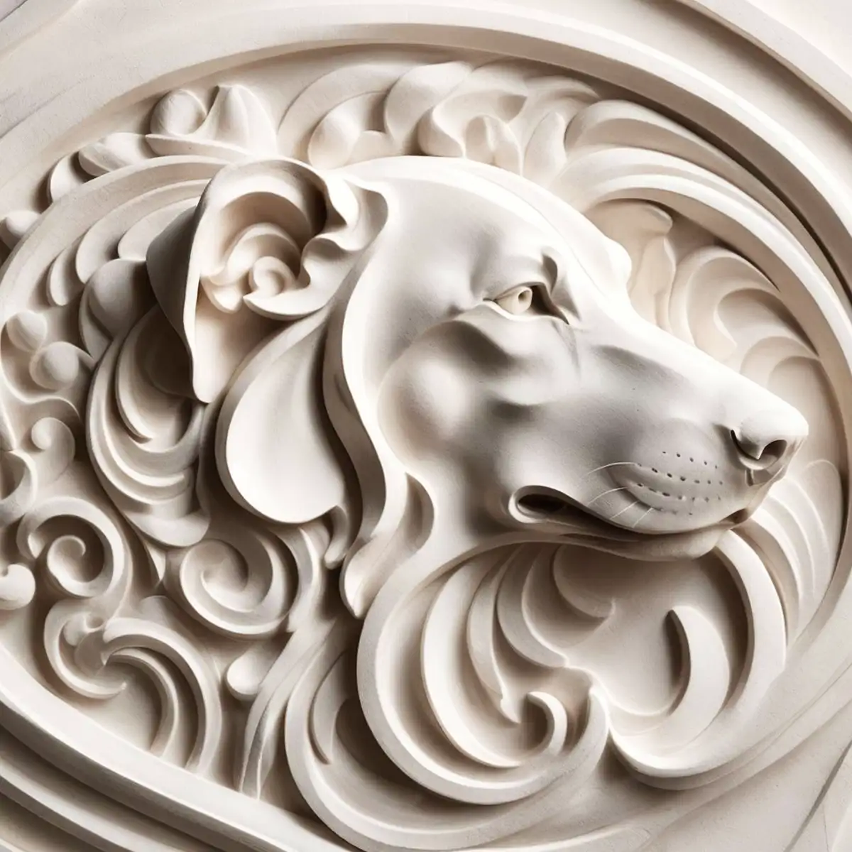 Een artistiek bas-reliëf in realistische stijl, uitgevoerd op een muur. Het gezicht van de hond, in profiel, vloeit vloeiend over in golvende lijnen. Lichte tinten.