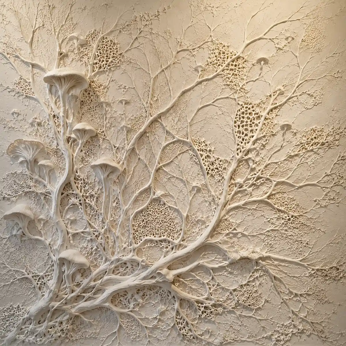 Prachtig artistiek reliëf in stucwerk van een gedetailleerd mycelium netwerk met diverse paddenstoelen op een muur door Strakua.