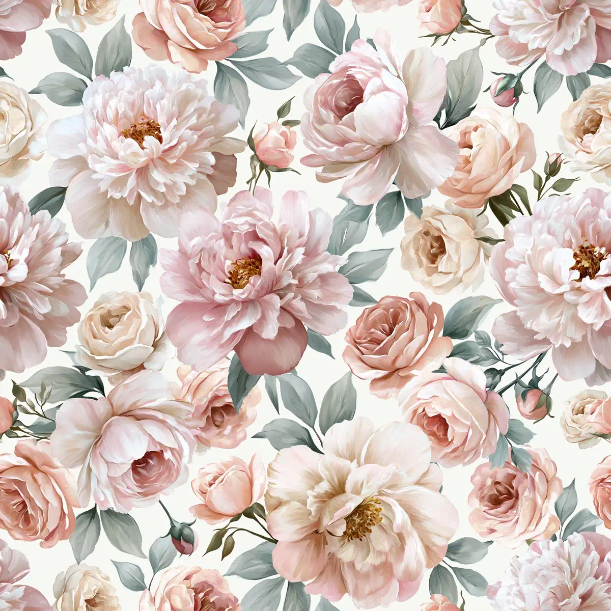 Exclusief naadloos fotobehang met een op maat gemaakte elegante bloemenprint op een lichte achtergrond, gemaakt van krasvast en PVC-vrij materiaal door Strakua.