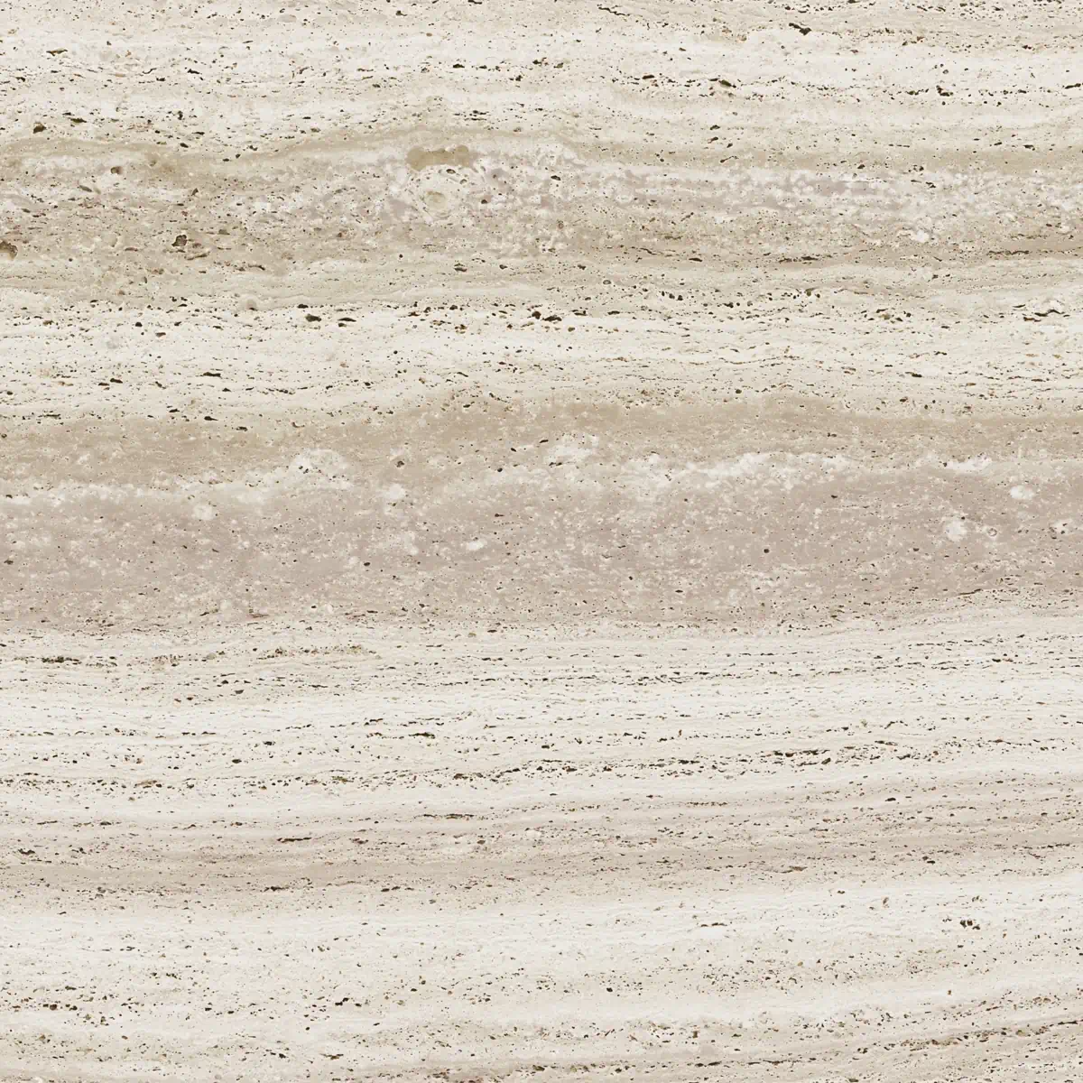 Exclusief natuursteenlook stucwerk met Grotto effect (Travertino-look). Het toont de karakteristieke horizontale aderstructuur и minerale putjes в ivoor и lichtgrijs met een subtiele, gepolijste glans door Strakua.