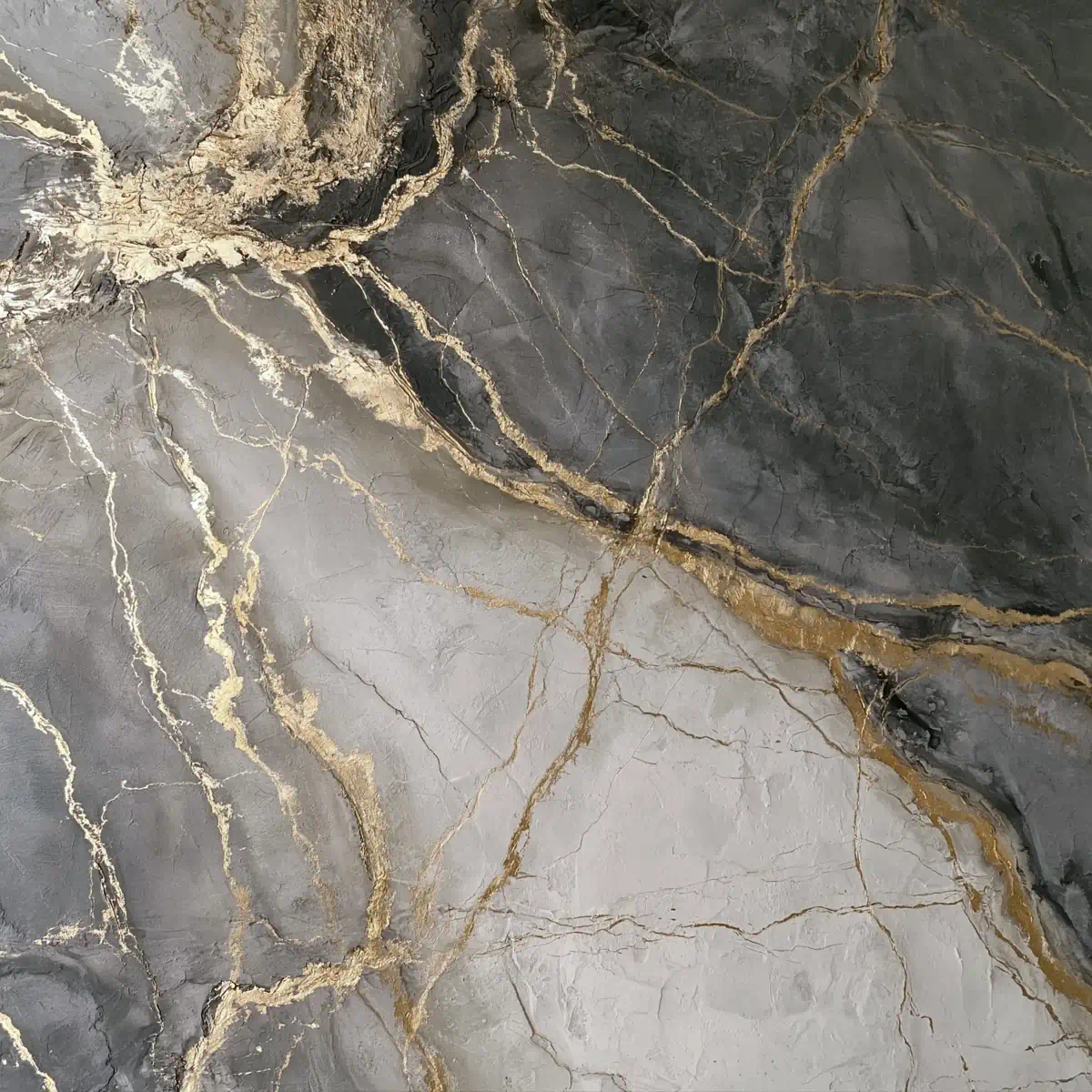 Handgemaakt artistiek Venetiaans stucwerk in hoog-contrast grijs en wit, verrijkt met exclusieve bronzen aders en een elegante parelmoer glans.