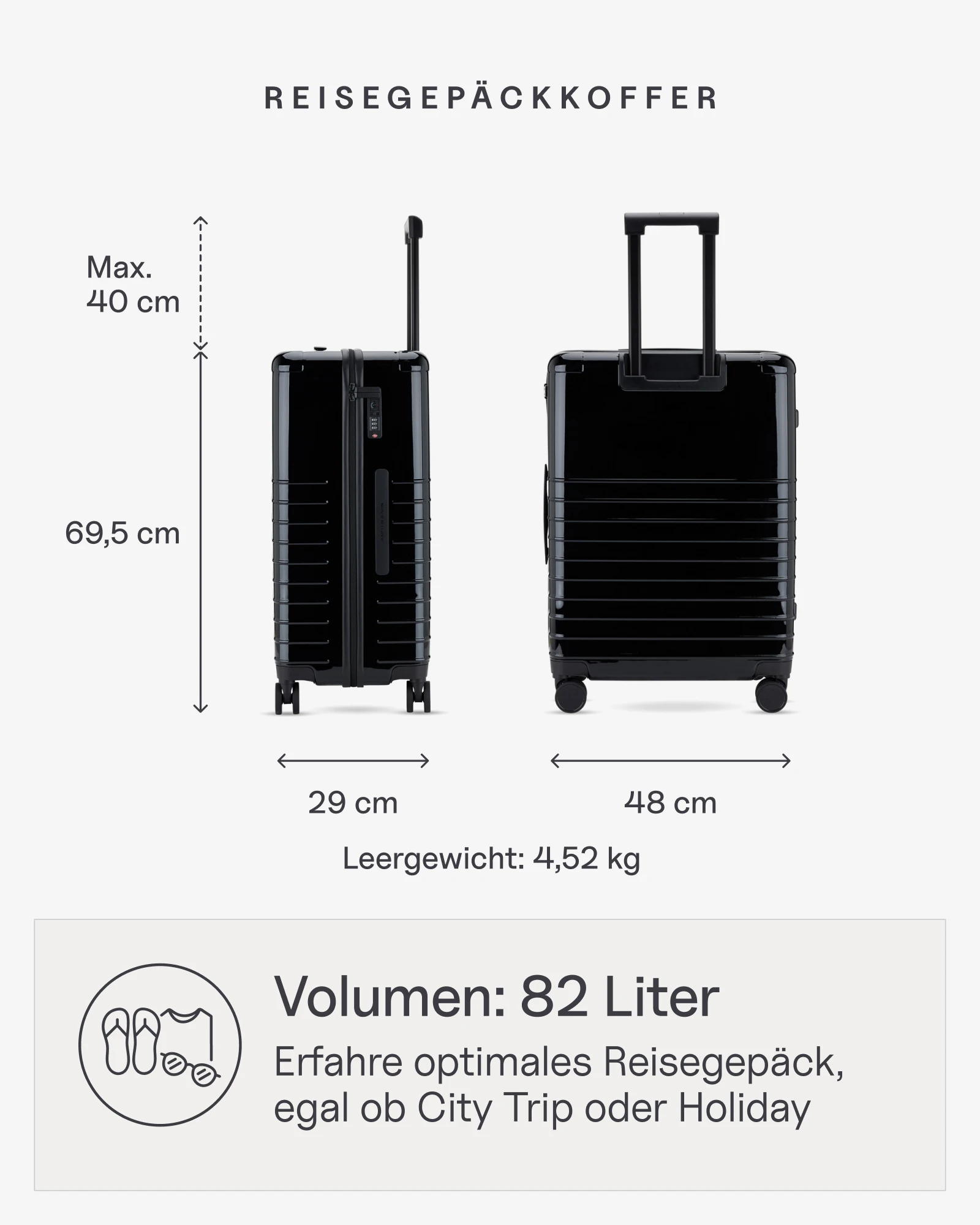 Amazon Produktbild Kapten & Son Koffer mit Übersicht der Dimensionen