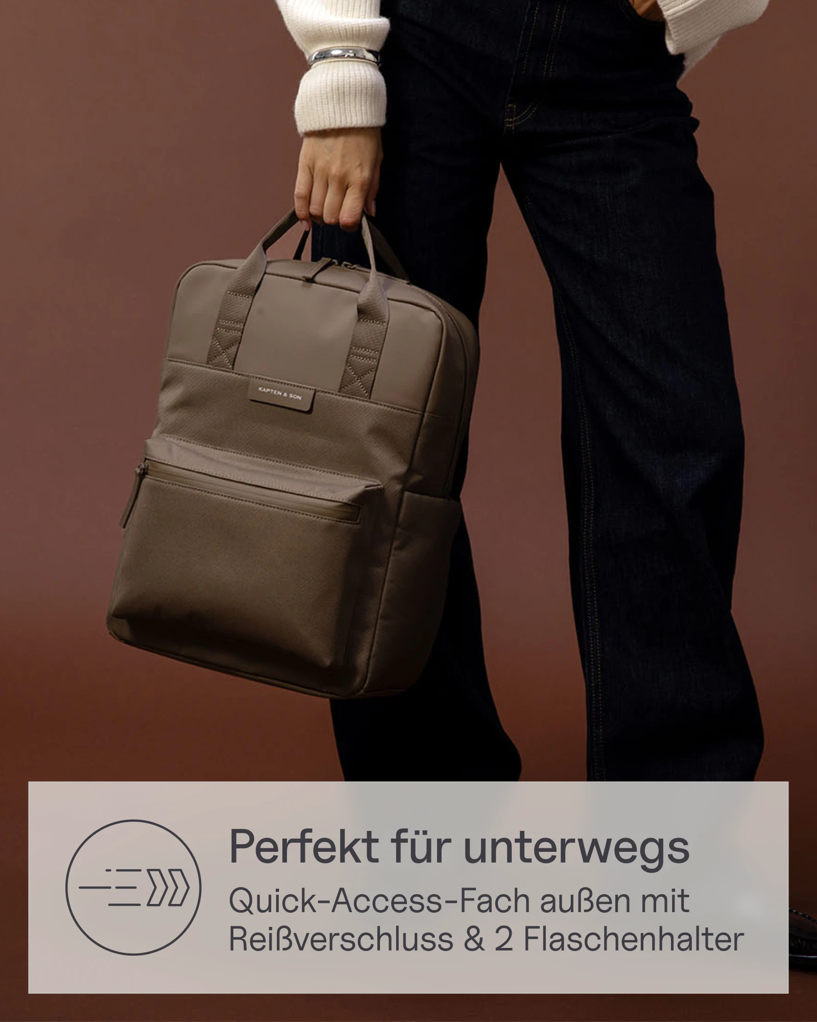 Amazon Produktbild Kapten & Son Rucksack mit Übersicht der Produktvorteile