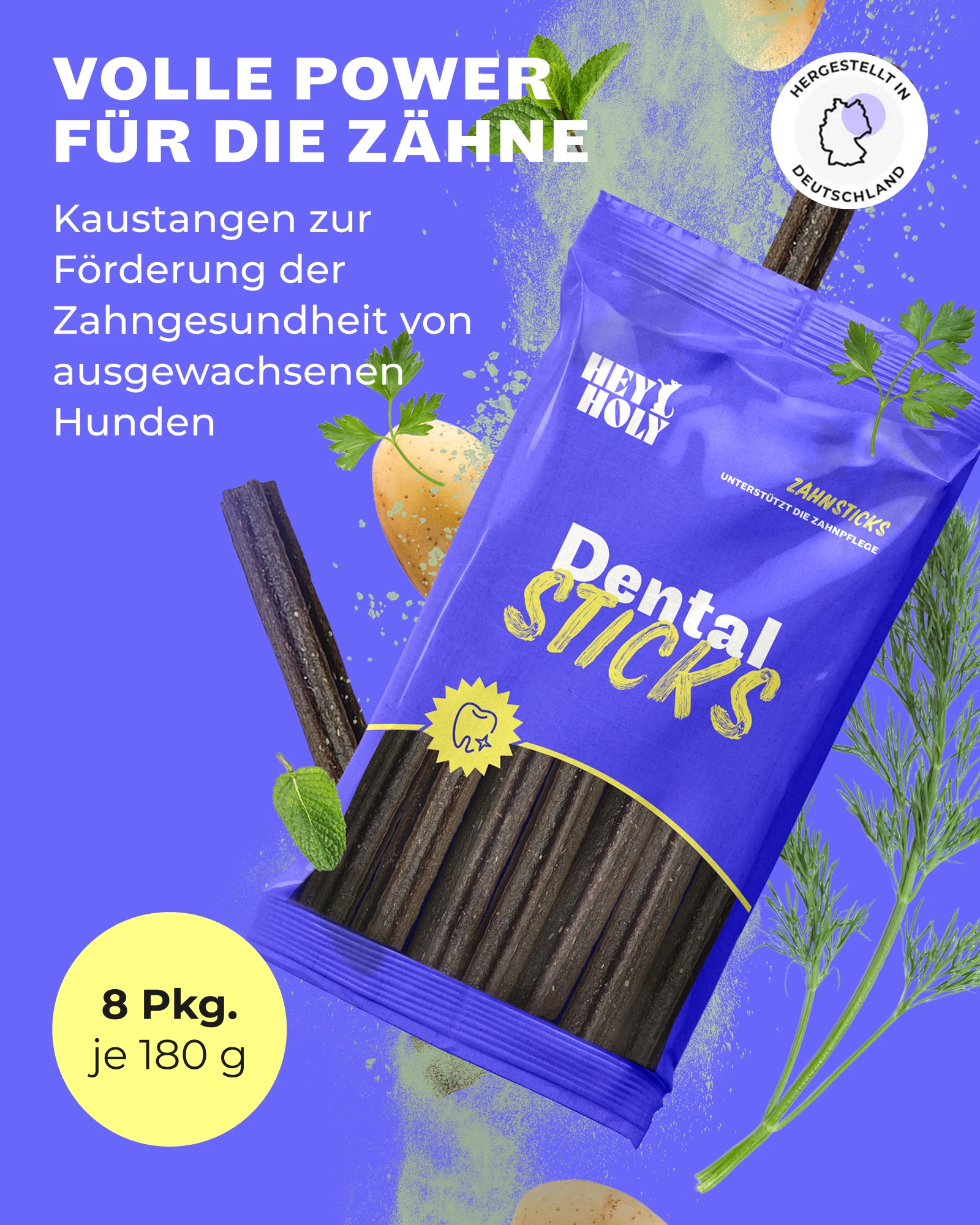 Amazon Produktbild HEYHOLY Dental Sticks für Hunde mit Übersicht der Produktvorteile