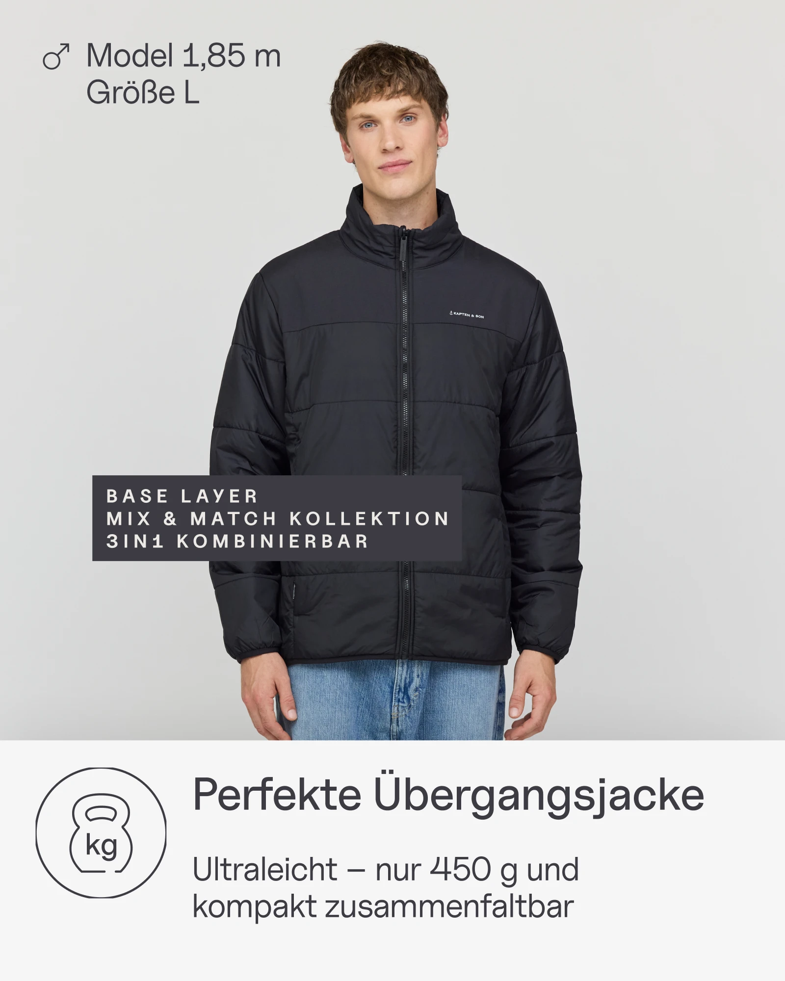 Amazon Produktbild Kapten & Son Light Puffer Jacke in Schwarz mit Übersicht der Features und Vorteile