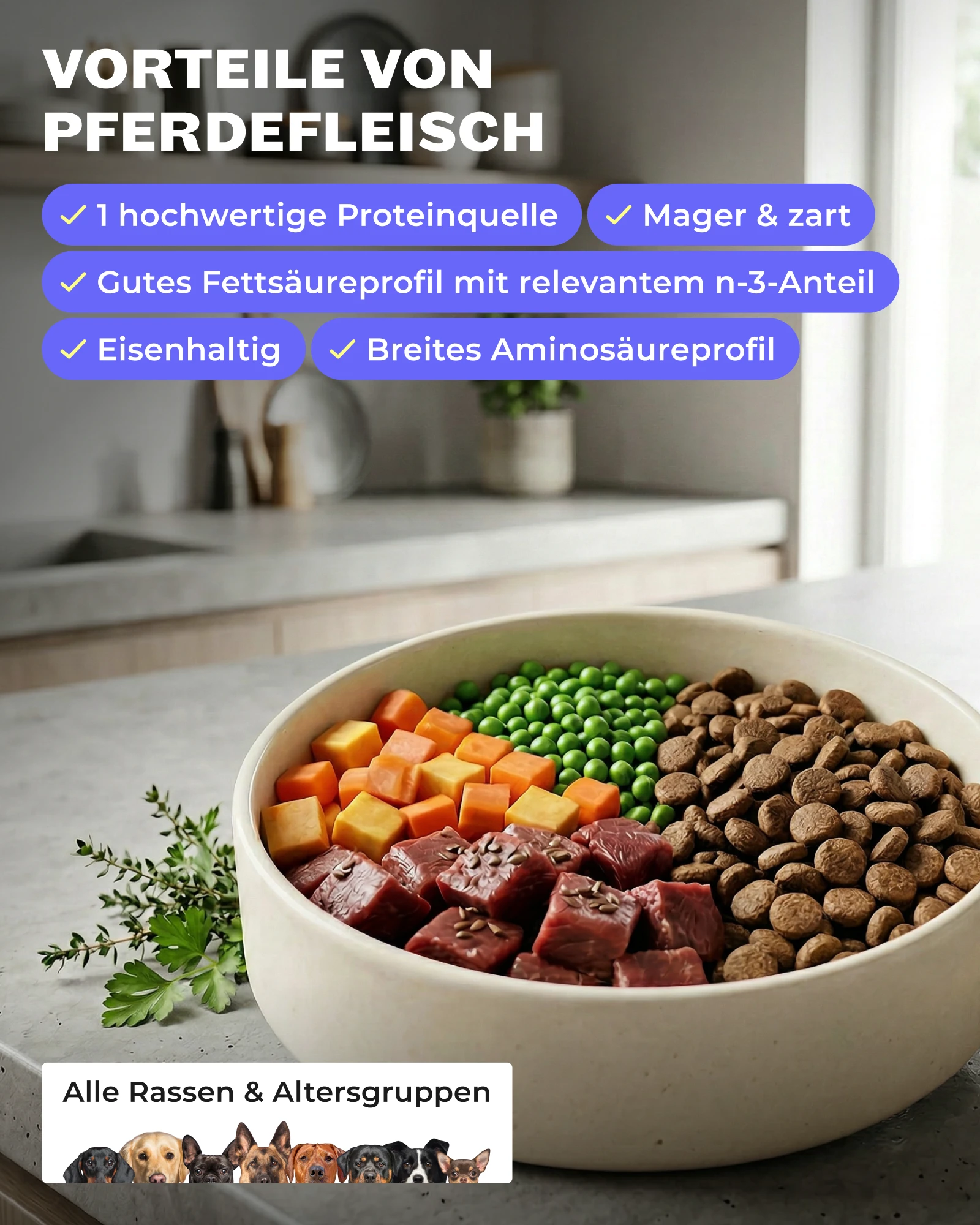 Amazon Produktbild HEYHOLY Sensitive Hundefutter mit Übersicht der Vorteile von Pferdefleisch