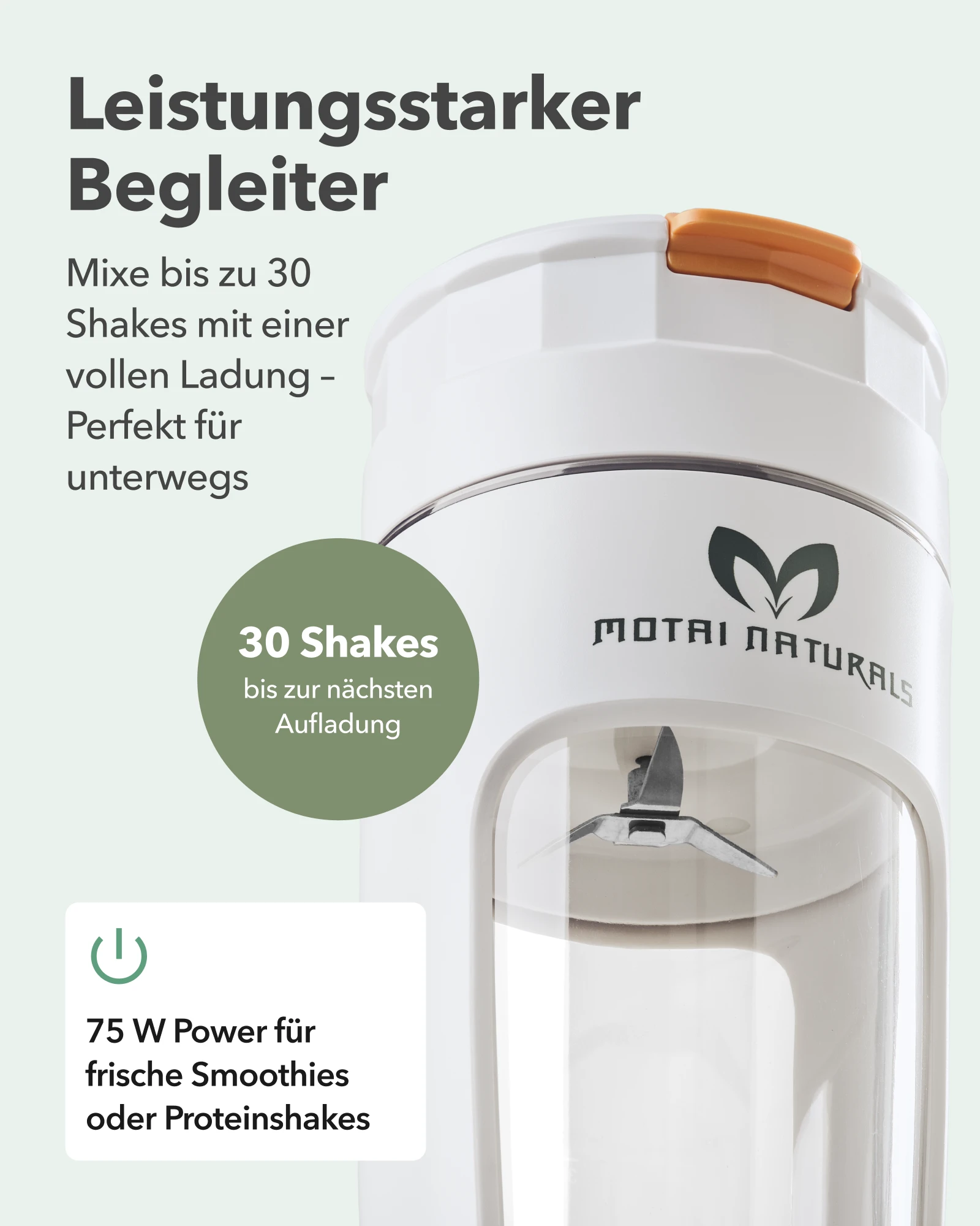 Amazon Produktbild Motai Naturals Mixer mit Hinweis zur Akkulaufzeit