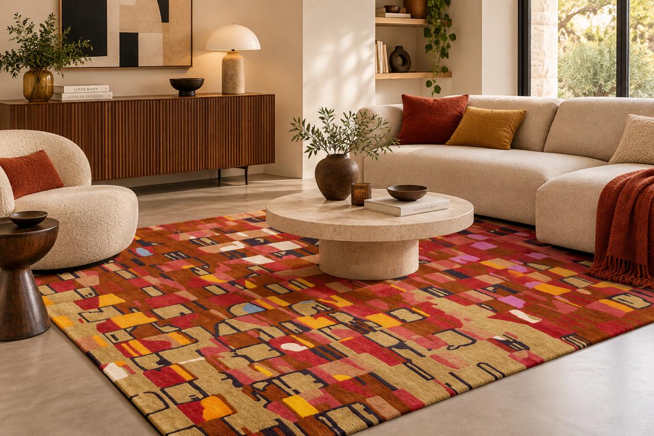 Tapis Macassar noué main sous une table de salle à manger