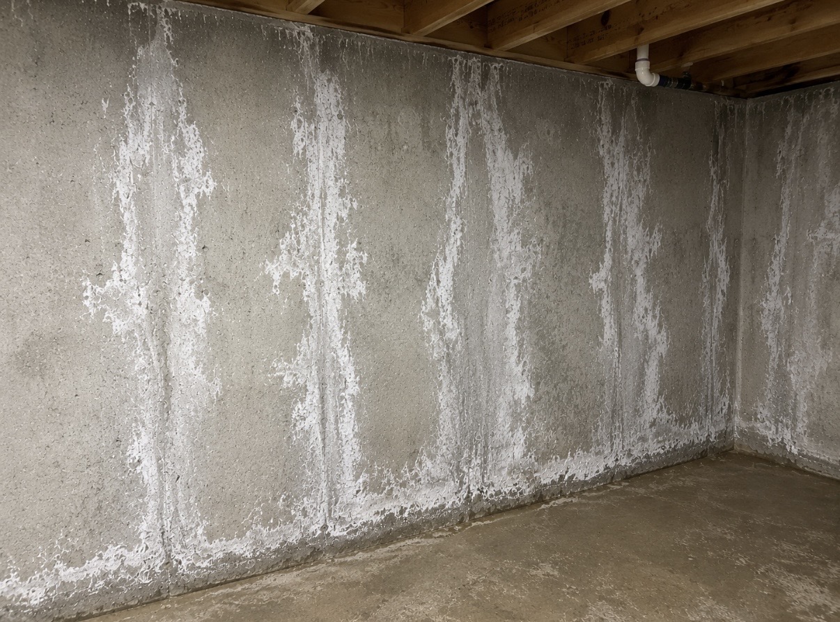 Worker grinding moisture-stained block wall