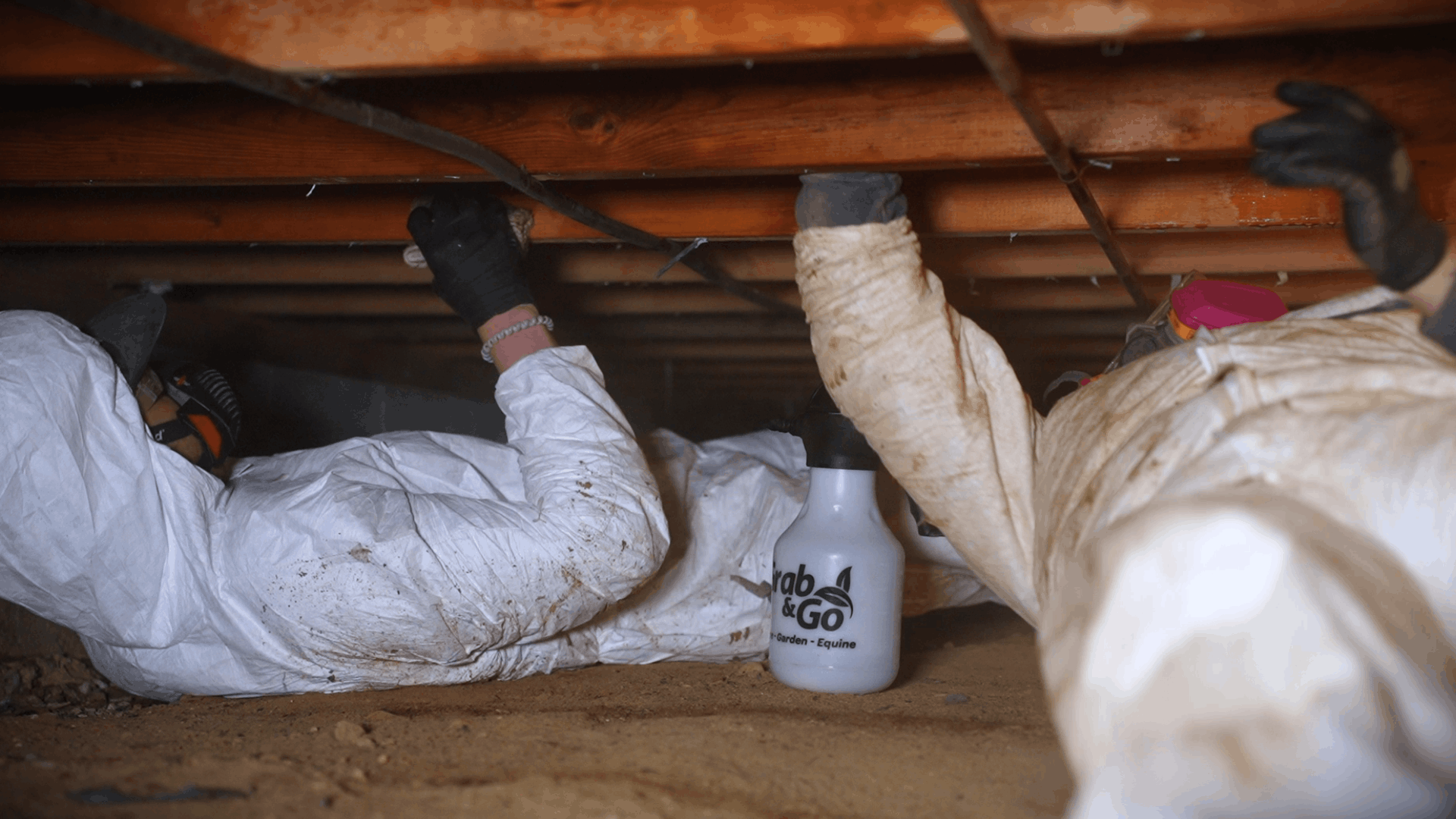 Tyvek-suited crew remediating mold in a crawl space