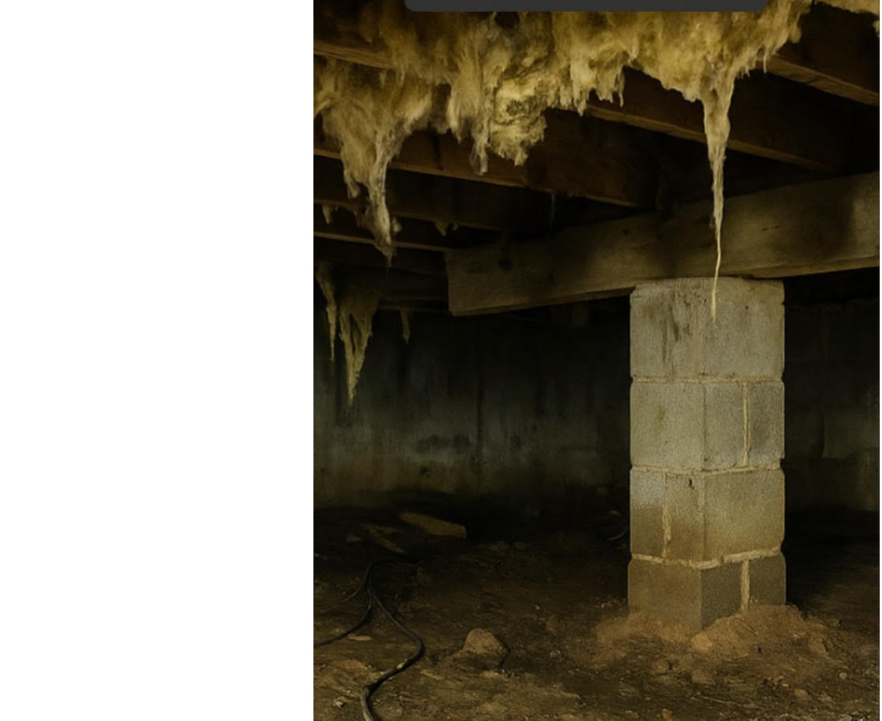 Damp crawl space with hanging insulation