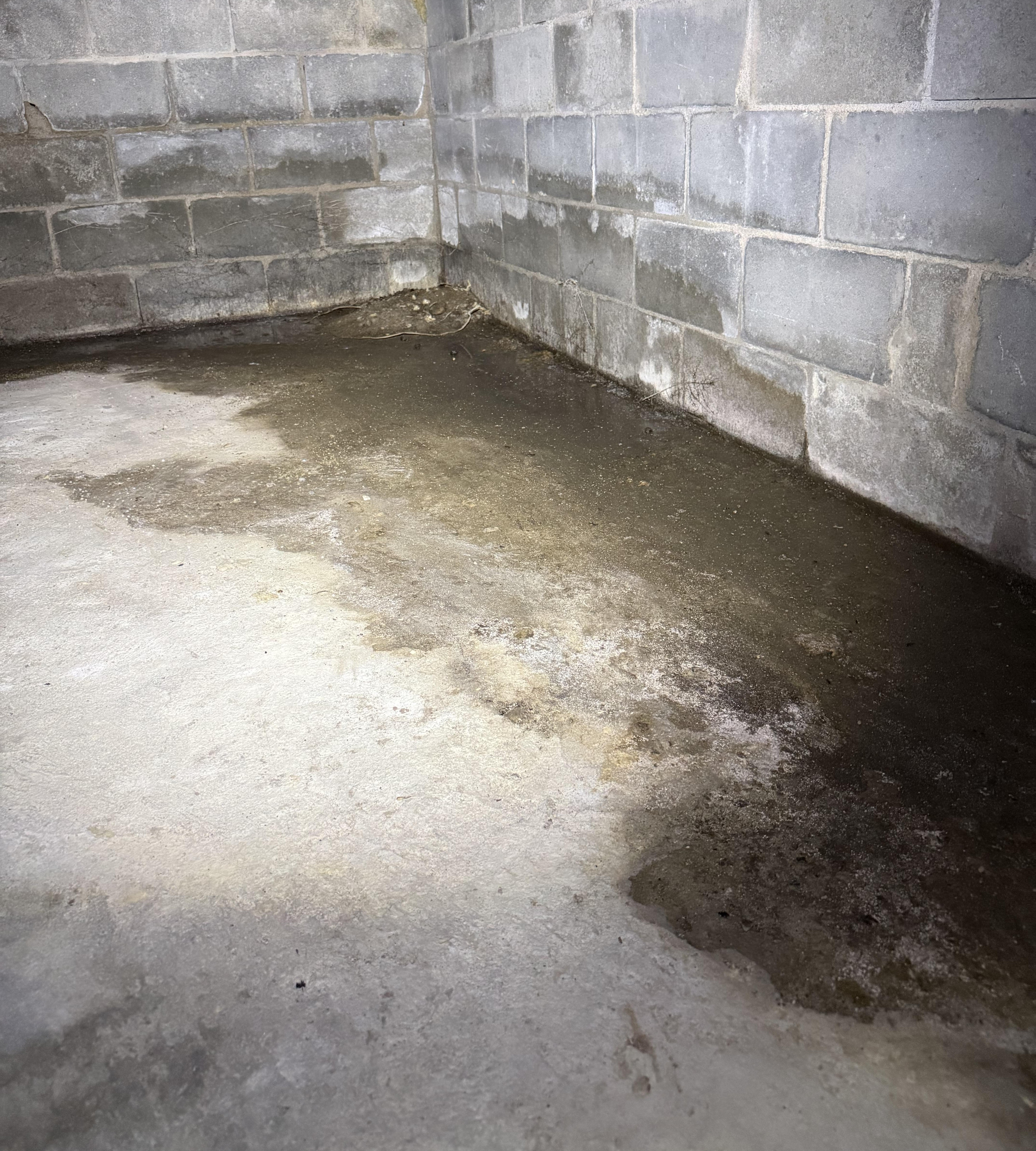 Worker prepping a wet basement wall