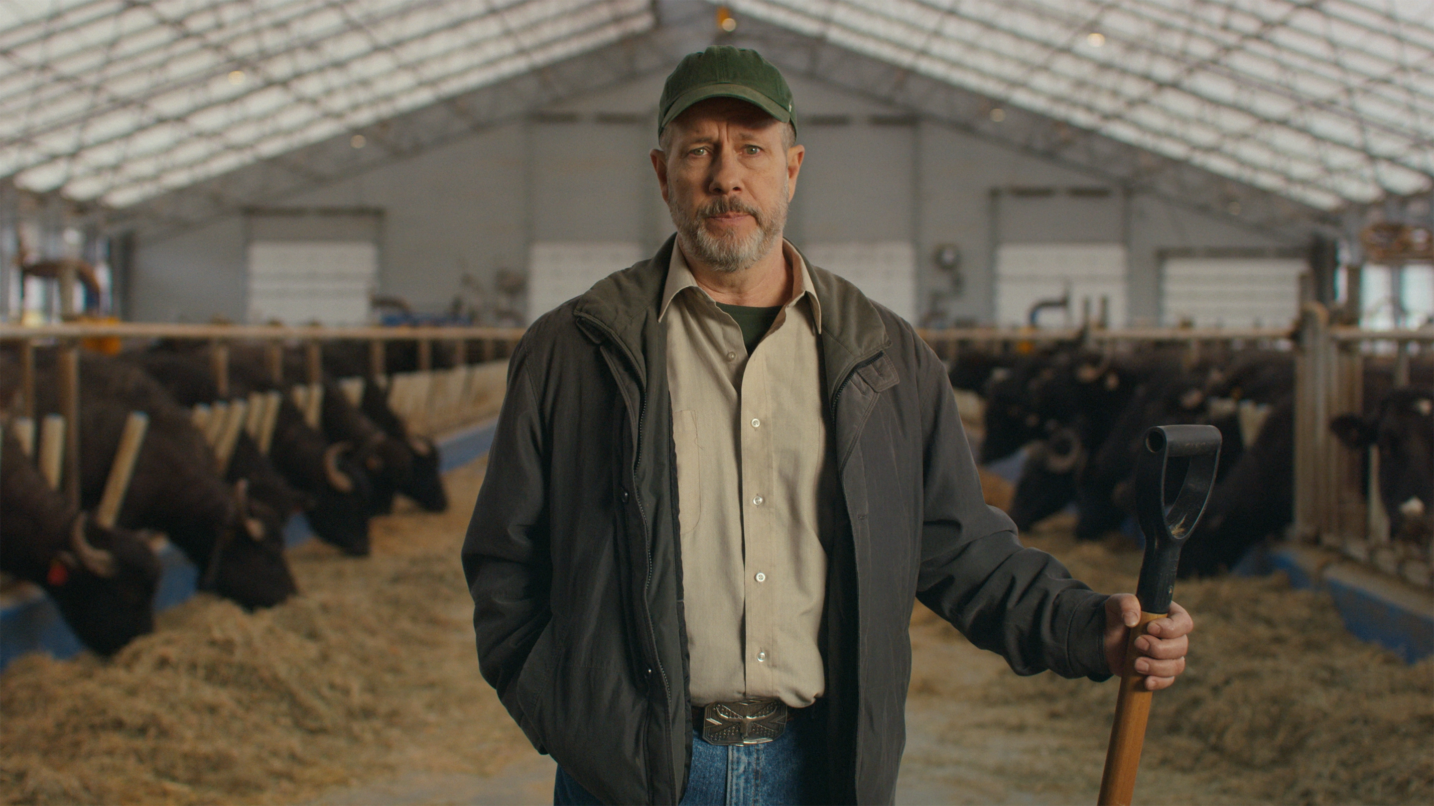 A middle-aged farmer standing in front of rows of cows.