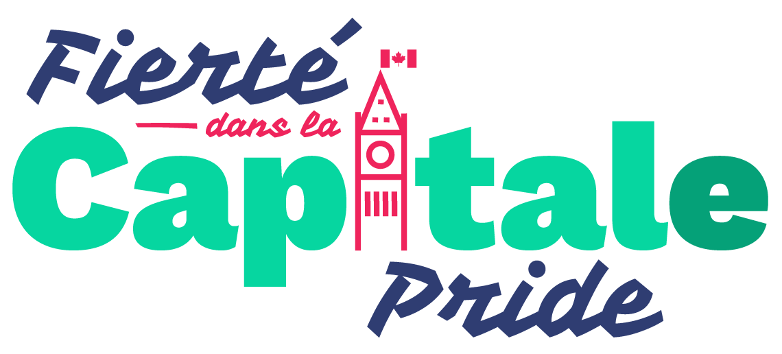 Fierté dans la Capitale Pride spelled out. The "i" in Capitale is replaced with the Peace Tower, found on parliament hill in Ottawa. 