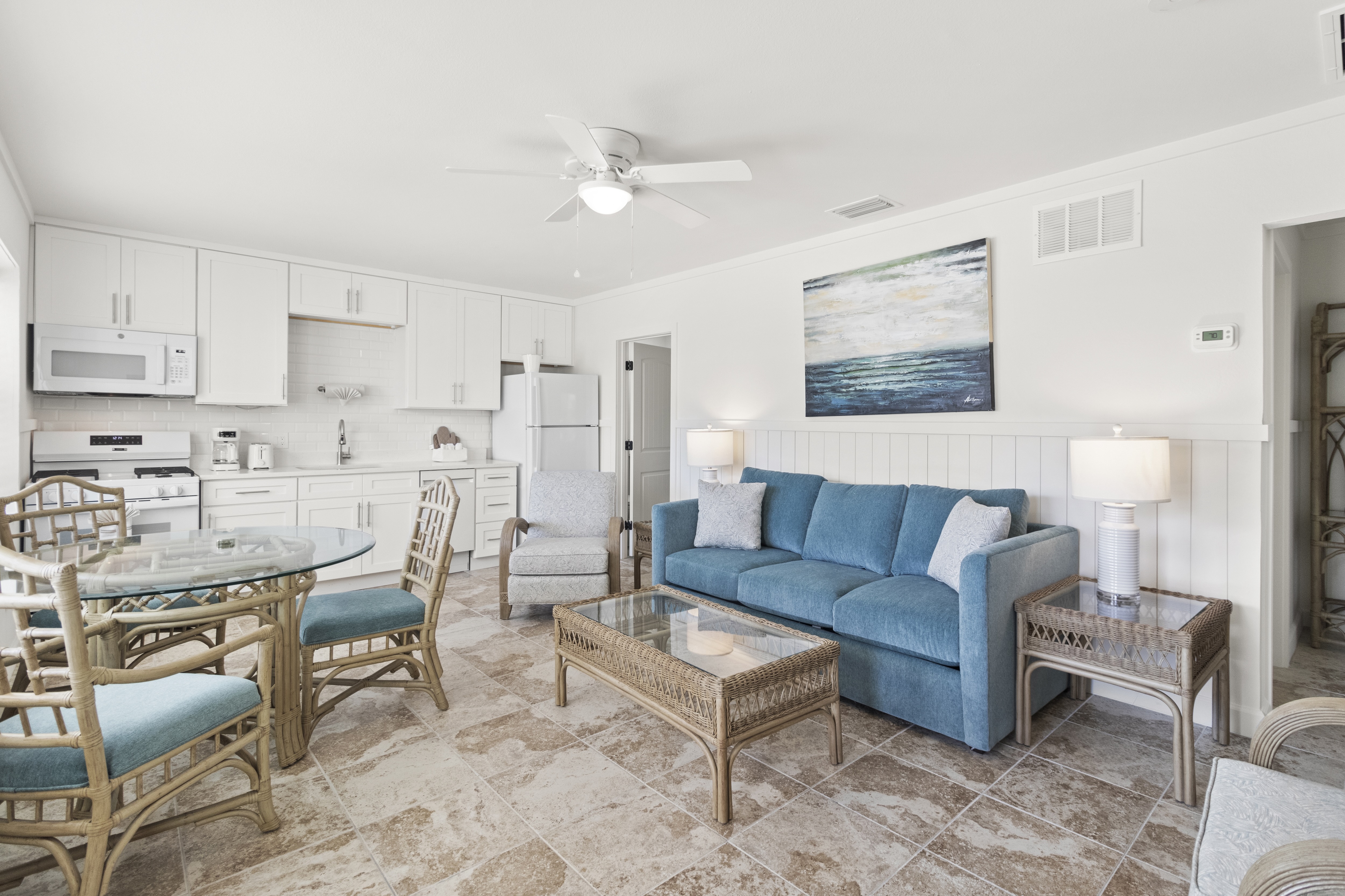 Bedroom in a Gulf-front suite at The Wicker Inn beach hotel, Longboat Key