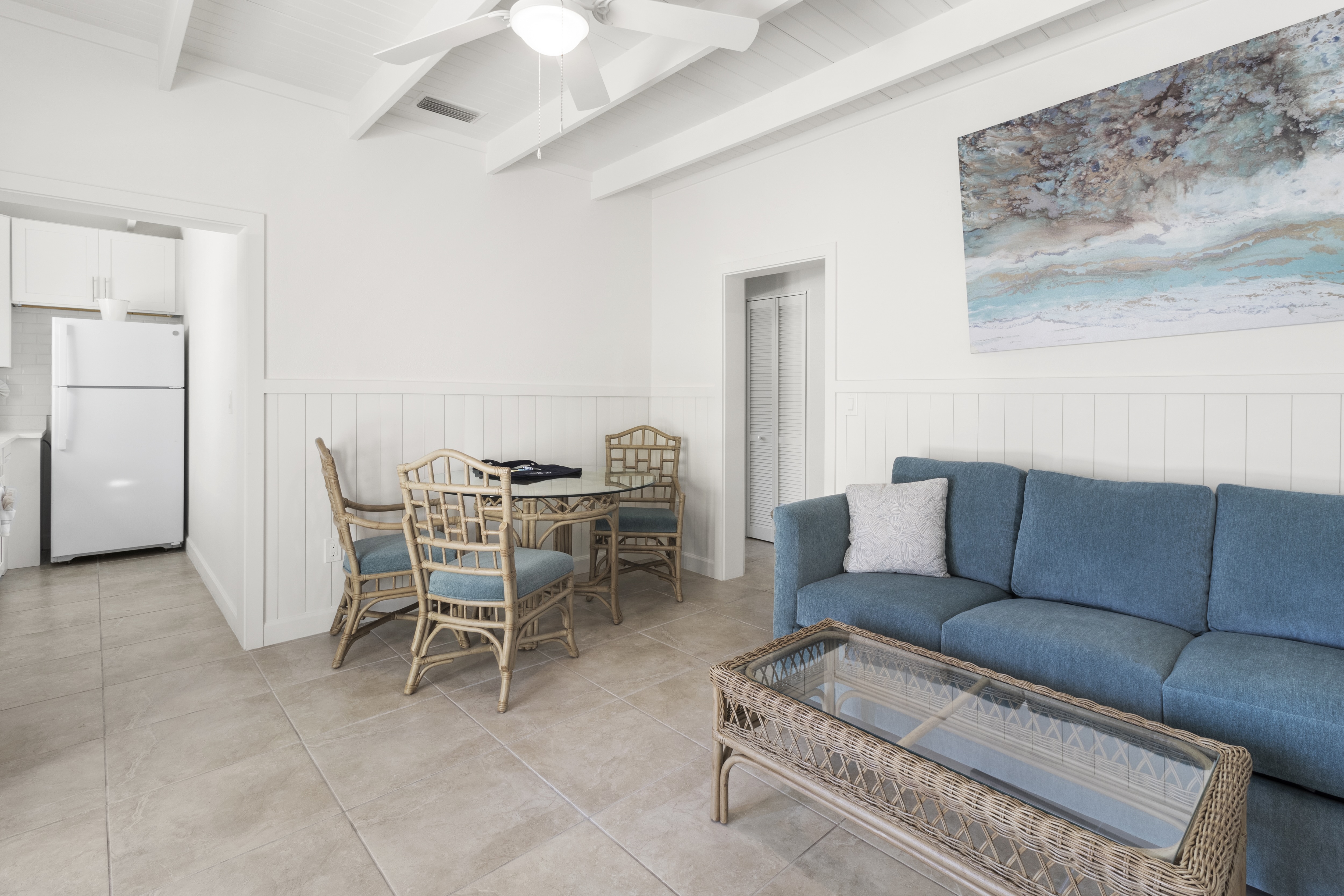 Bedroom in a Gulf-front suite at The Wicker Inn beach hotel, Longboat Key