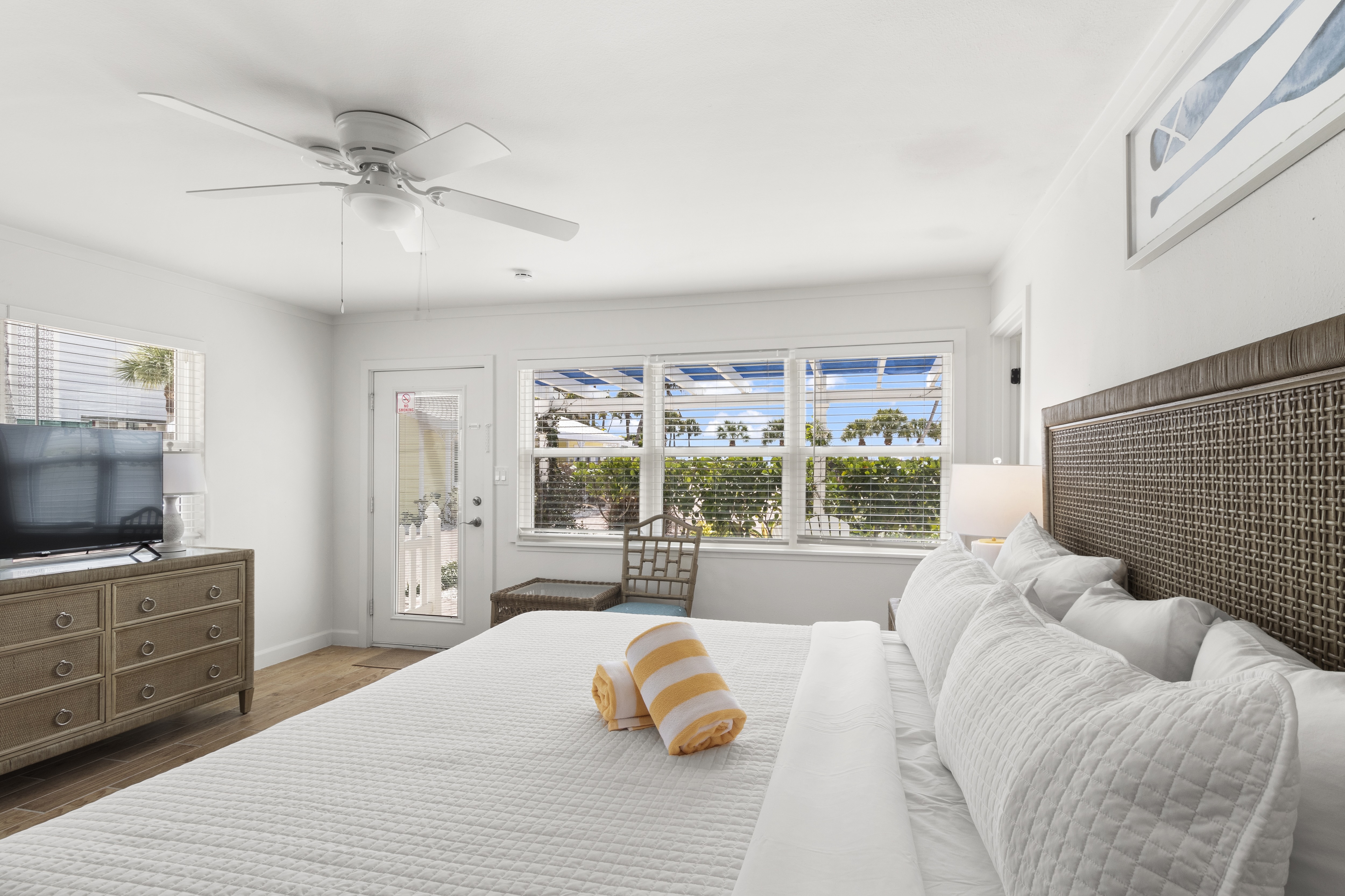 Bedroom in a Gulf-front suite at The Wicker Inn beach hotel, Longboat Key